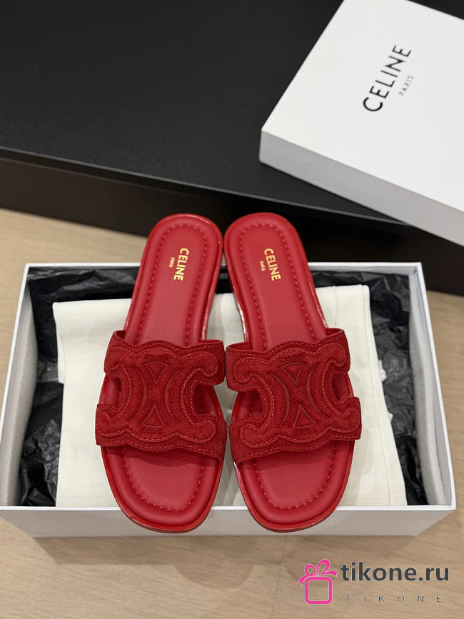 Celine Marina Triomphe Mule In Suede Calfskin Red - 1
