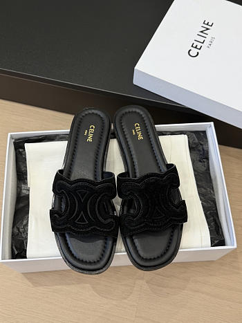 Celine Marina Triomphe Mule In Suede Calfskin Black