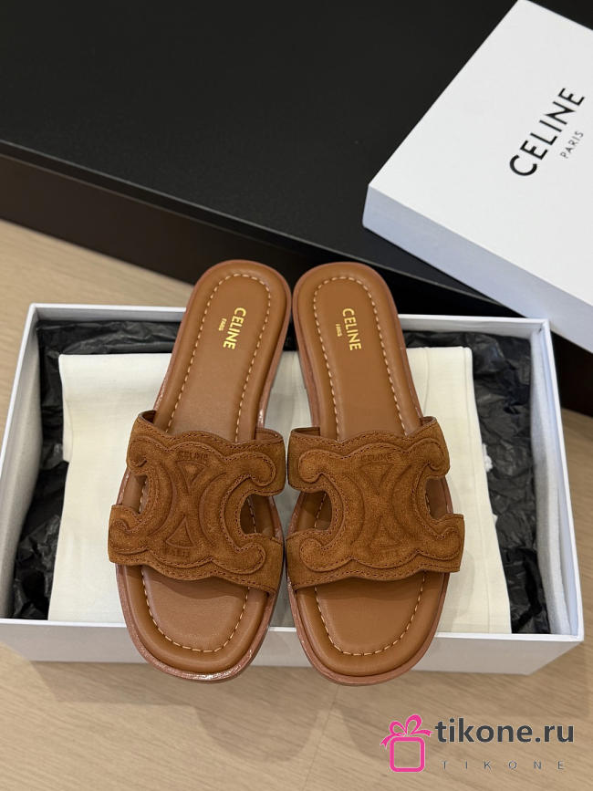 Celine Marina Triomphe Mule In Suede Calfskin Brown - 1