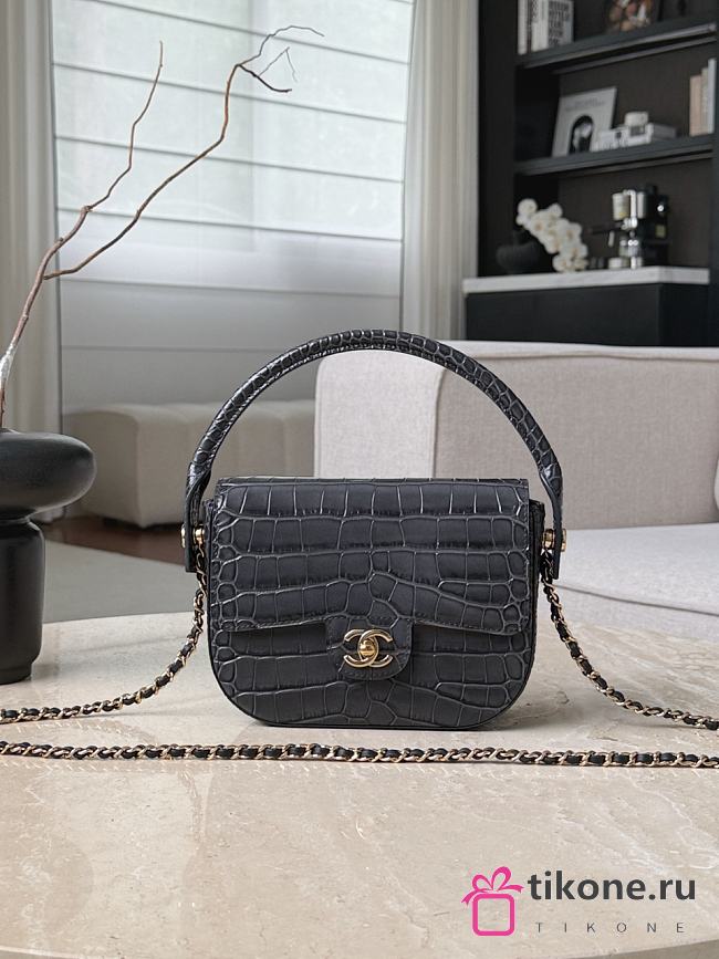Chanel Mini Flap Bag with Top Handle Crocodile Embossed Calfskin & Gold-Tone Metal Gray AS6424 - 14.5x19.5x5cm - 1