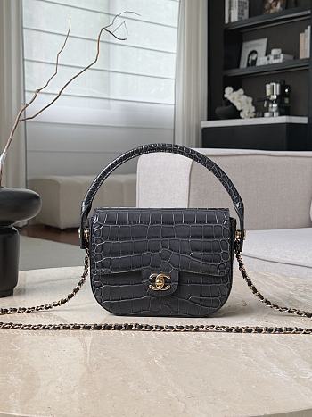 Chanel Mini Flap Bag with Top Handle Crocodile Embossed Calfskin & Gold-Tone Metal Gray AS6424 - 14.5x19.5x5cm