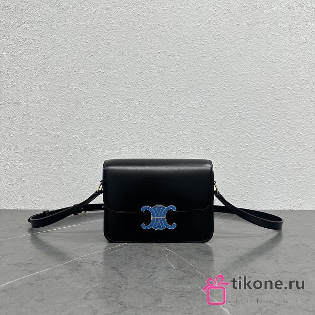 Celine Teen Triomphe Bag In Shiny Calfskin With Enamel Closure Black/Ultra Blue - 18.5x13.5x7cm - 1