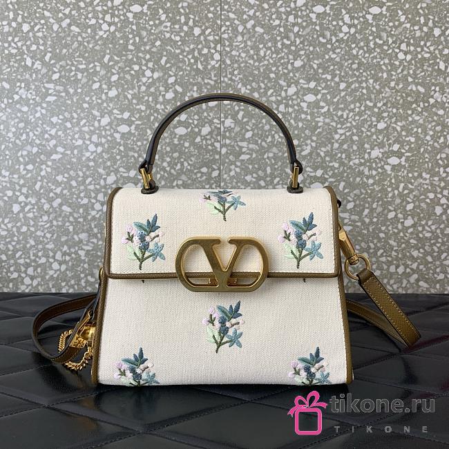 Valentino Garavani Vsling Small Handbag In Linen With Embroidery Neutrals - 22x17x9cm - 1