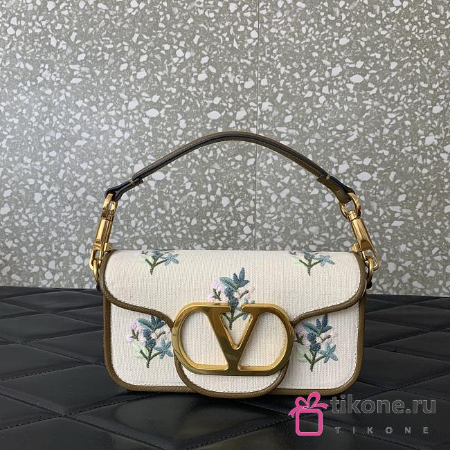 Valentino Garavani Locò Small Linen Shoulder Bag With Embroidery Neutrals - 20x11x5cm - 1