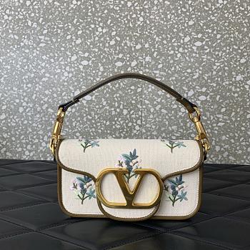 Valentino Garavani Locò Small Linen Shoulder Bag With Embroidery Neutrals - 20x11x5cm