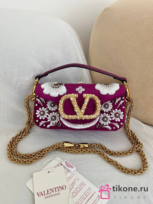 Valentino Garavani Locò Small Embroidered Shoulder Bag With Jewel Logo Purple - 20x11x5cm - 1