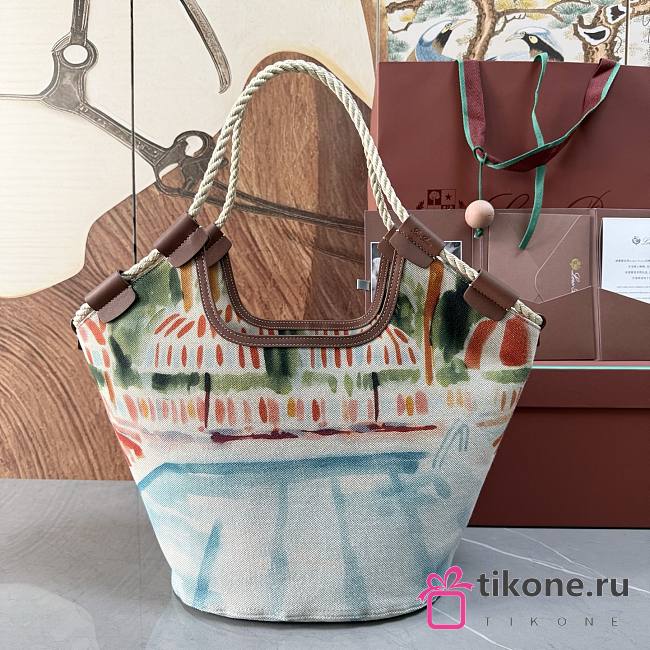 Loro Piana Gioia Shopper Cotton Ivory/Turquoise/Caramel Sugar/Sun Gold (F8EH) - 37x23x30cm - 1