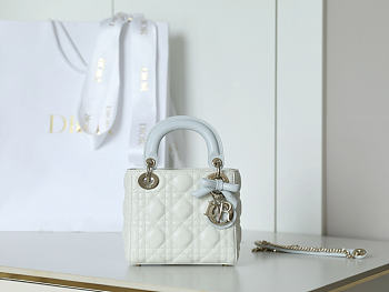 Dior Qixi Mini Lady Dior Bag with Chain Latte and Ice Blue Cannage Lambskin - 18x15x7cm