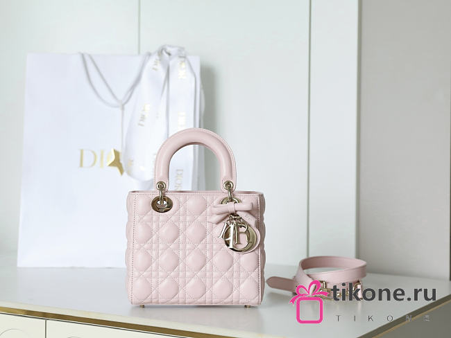 Small Lady Dior Bag with Strap Rose Tendre Cannage Lambskin Bow - 20x18x8cm - 1