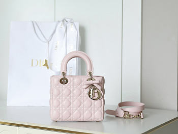 Small Lady Dior Bag with Strap Rose Tendre Cannage Lambskin Bow - 20x18x8cm