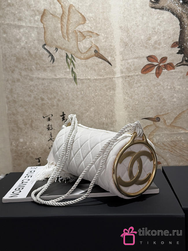 Chanel Tassel Barrel Bag White Velvet Gold Tone  - 1