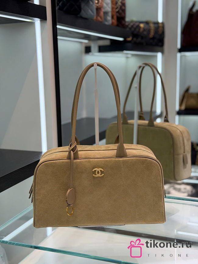 Chanel Large Bowling Bag Suede & Gold-Tone Metal Dark Beige - 35.5x19x12.5cm - 1
