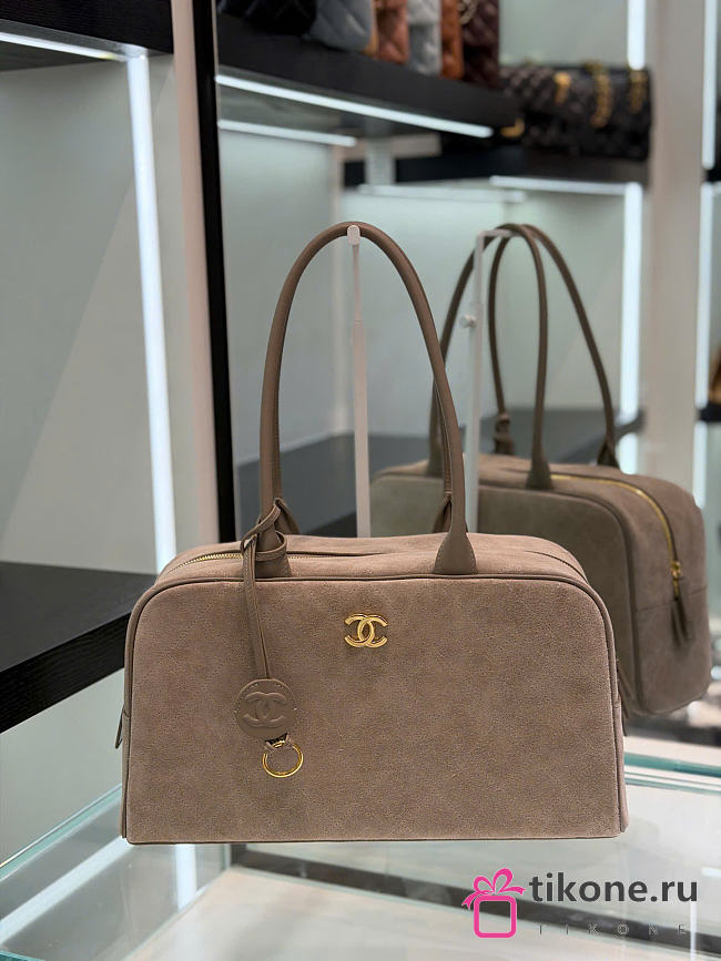 Chanel Large Bowling Bag Suede & Gold-Tone Metal Gray - 35.5x19x12.5cm - 1