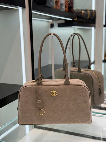 Chanel Large Bowling Bag Suede & Gold-Tone Metal Gray - 35.5x19x12.5cm