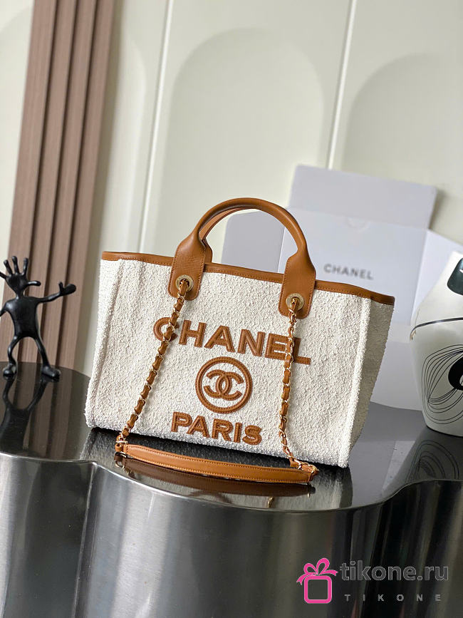 Chanel Shopping Bag Canvas, Calfskin & Gold-Tone Metal Ecru & Camel AS3257 - 19.5x17x5cm - 1