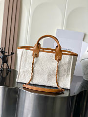 Chanel Shopping Bag Canvas, Calfskin & Gold-Tone Metal Ecru & Camel AS3257 - 19.5x17x5cm - 4