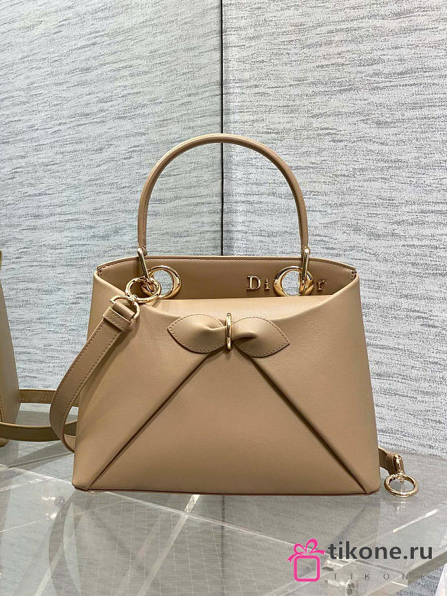 Small Dior Cigale Bag Shiny Supple Calfskin Dark Beige - 28x18x8cm - 1