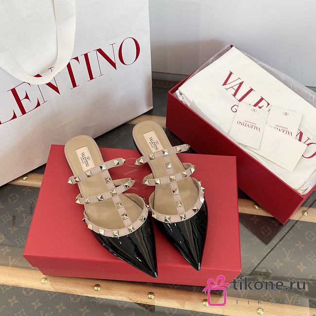 VLTN Rockstud Patent-Leather Mule Black/Poudre - 1