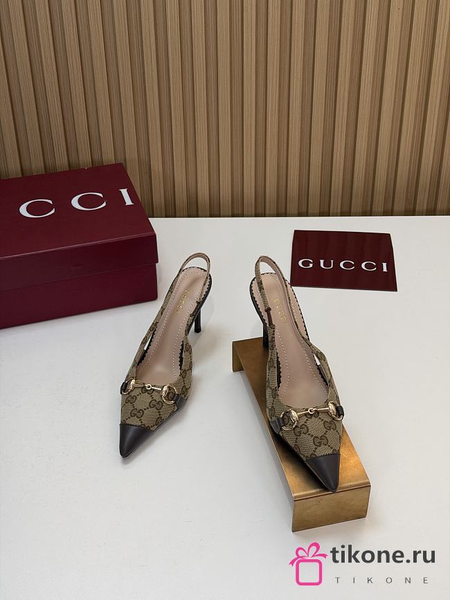 Gucci Donna Slingback Pump Sand and Dark Brown GG Canvas 80mm - 1