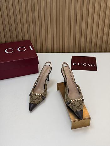 Gucci Donna Slingback Pump Sand and Dark Brown GG Canvas 80mm