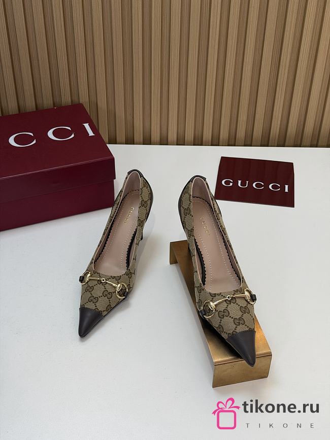Gucci Donna Pump Sand and Dark Brown GG Canvas 80mm - 1