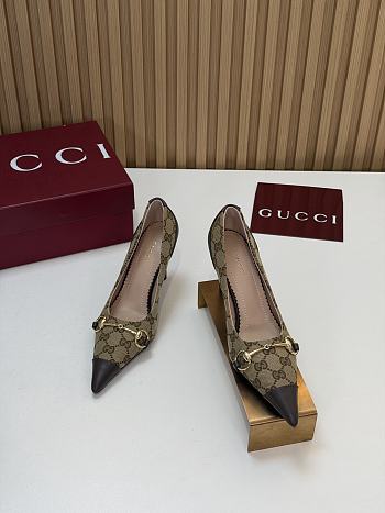 Gucci Donna Pump Sand and Dark Brown GG Canvas 80mm