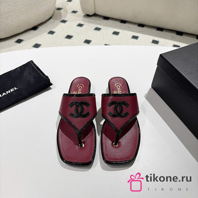 Chanel Thongs Lambskin & Patent Calfskin Burgundy & Black G47522 - 1