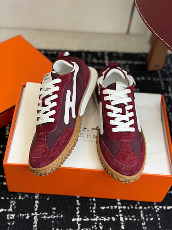 Hermes Jet Sneaker Parachute Fabric and Suede Goatskin Rose Lie De Vin/Blanc