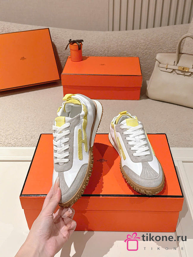 Hermes Jet Sneaker Nappa Leather and Suede Goatskin Multicolore Jaune D'orge - 1