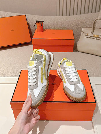Hermes Jet Sneaker Nappa Leather and Suede Goatskin Multicolore Jaune D'orge