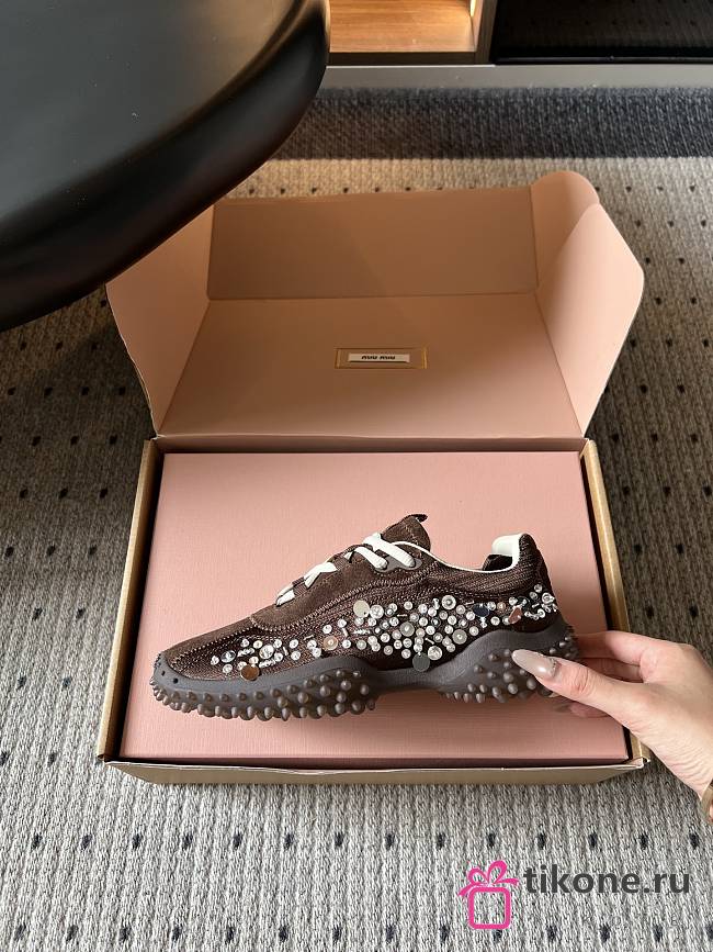 Miumiu Bubble Embroidered Technical Fabric and Suede Sneakers Dark Brown 5E808E - 1