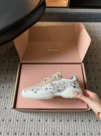 Miumiu Bubble Embroidered Technical Fabric and Suede Sneakers Ivory 5E808E