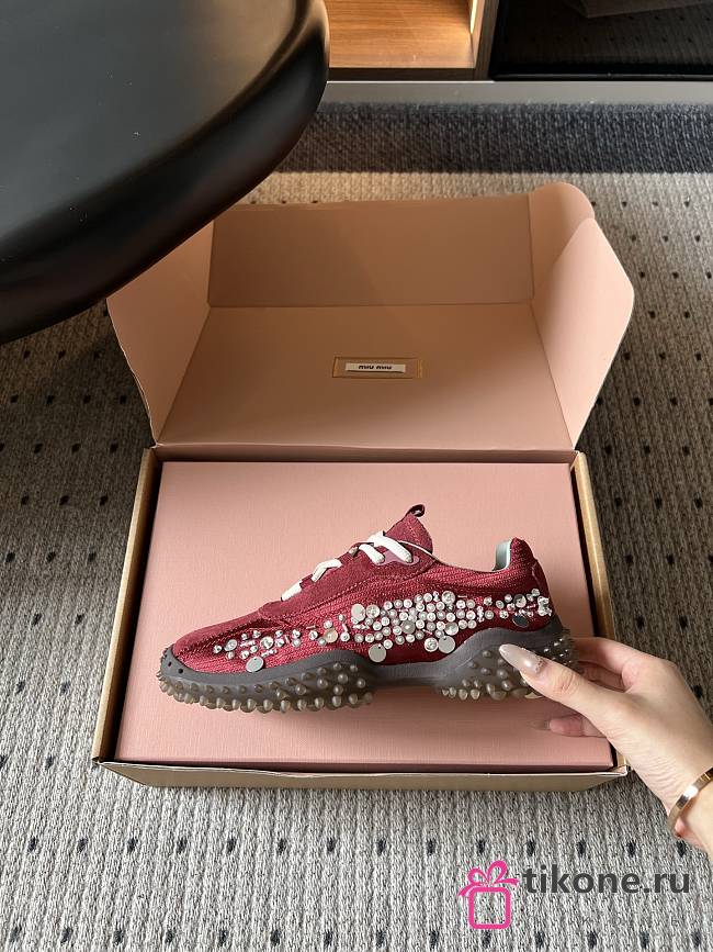 Miumiu Bubble Embroidered Technical Fabric and Suede Sneakers Burgundy 5E808E - 1