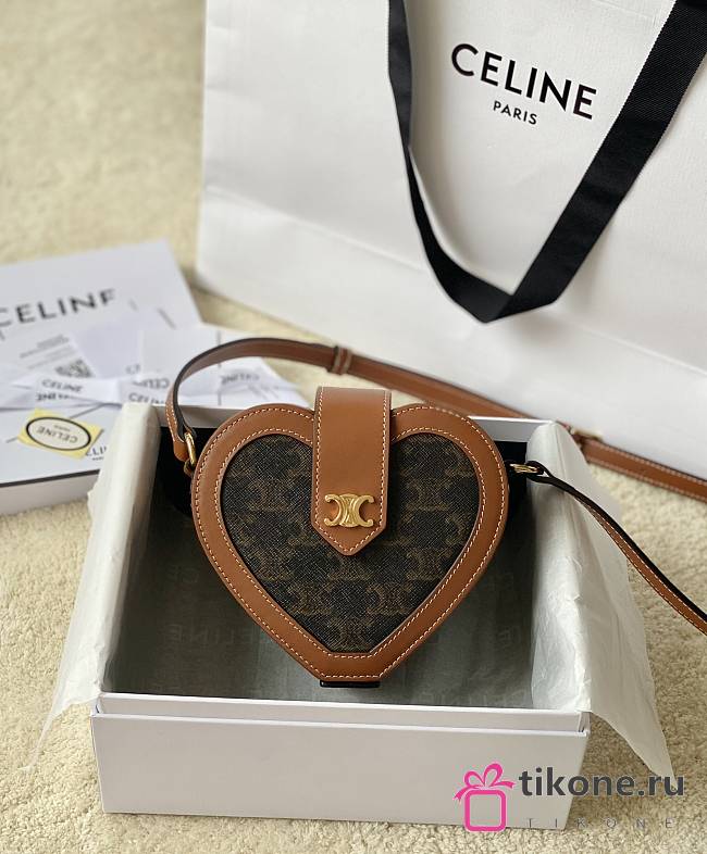 Celine Triomphe Canvas Calfskin Heart Tambour Bag Tan - 15x12x7cm - 1