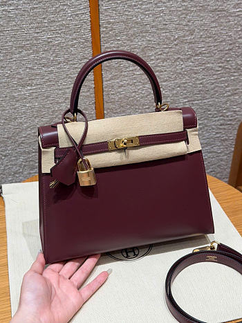 SALE Hermes Kelly 25 Box Leather Gold Hardware Burgundy- 25x17x7cm
