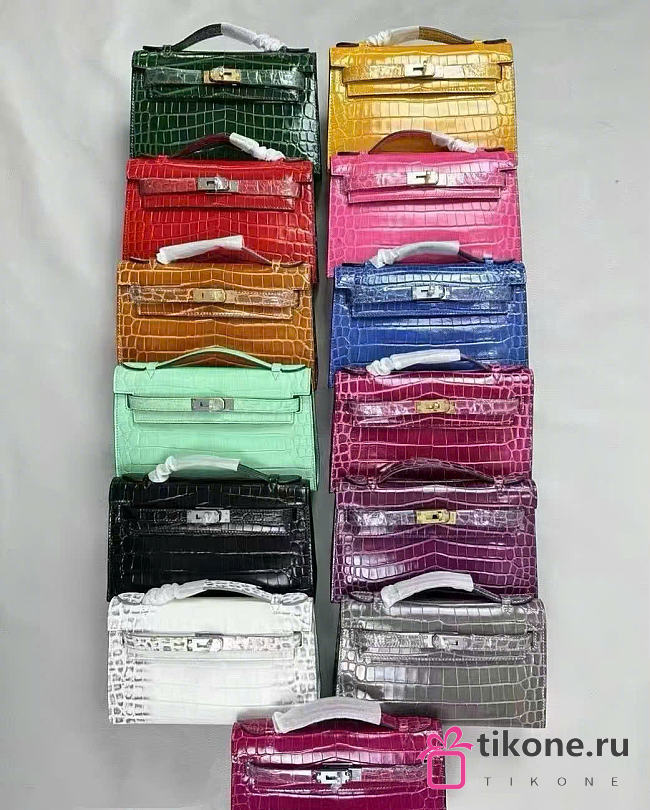 SALE Hermes Kelly Pochette Crocodile Embossed Calfskin Leather - 22x12x7cm - 1