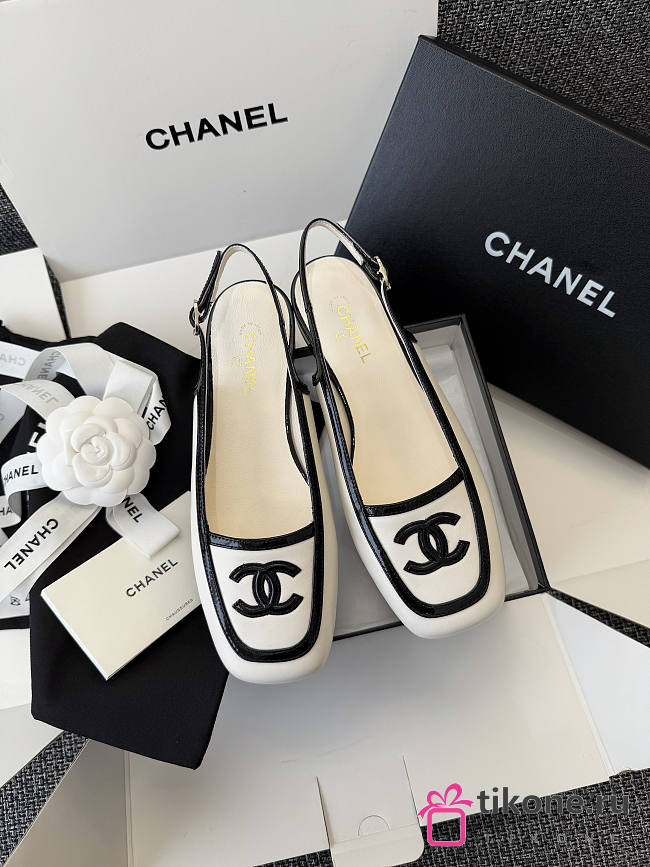 Chanel Slingbacks Lambskin & Patent Calfskin White & Black G47521 - 1