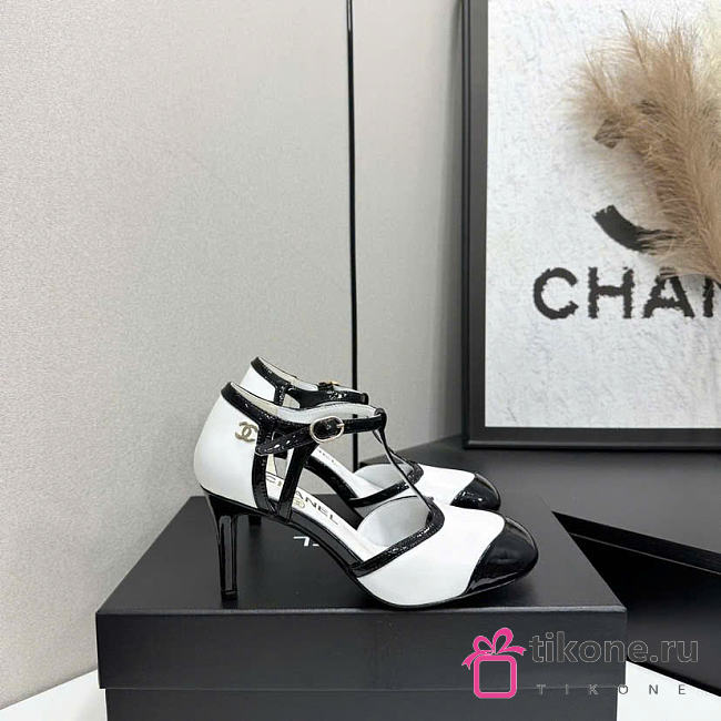 Chanel Mary Janes Lambskin & Patent Calfskin White & Black G47648 85mm - 1