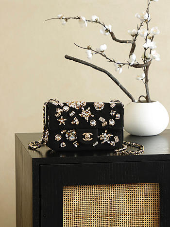 Chanel Mni Classic Handbag Velvet, Strass, Imitation Pearls & Gold-Tone Metal Black, Crystal & Golden - 20x10x7cm