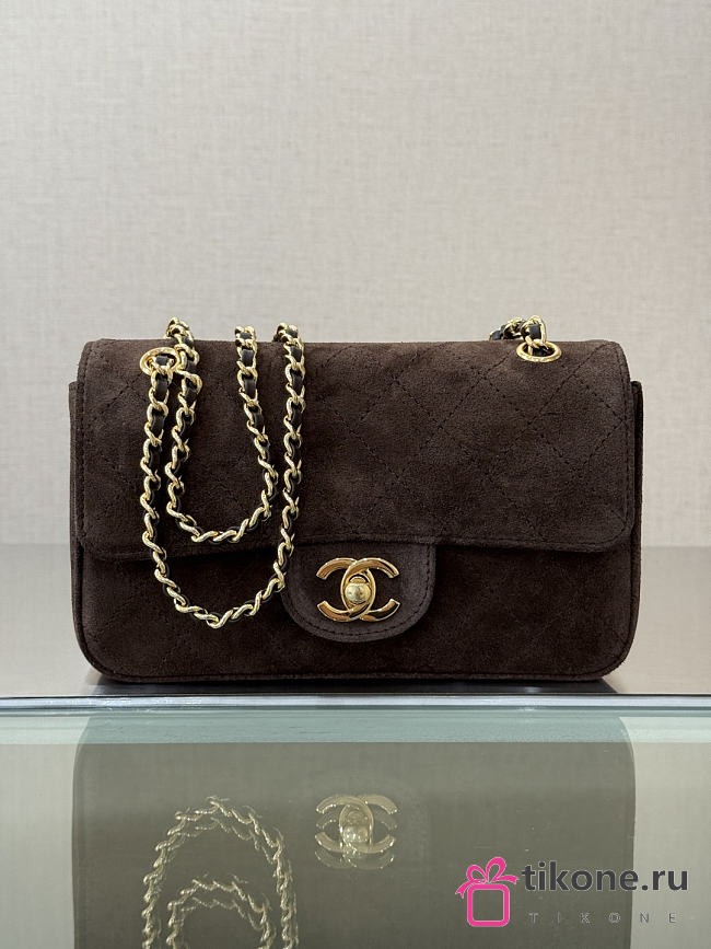 Chanel Mini Flap Bag Suede Calfskin & Gold Metal Chocolate - 20x13x6cm - 1