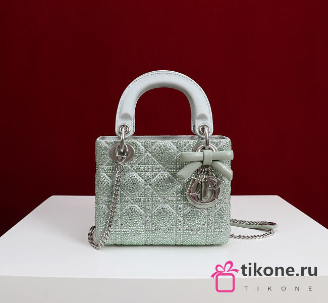 Mini Lady Dior Bag with Chain Green Cannage Satin and Strass - 18x15x7cm - 1