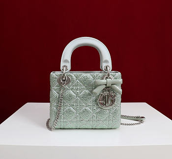 Mini Lady Dior Bag with Chain Green Cannage Satin and Strass - 18x15x7cm