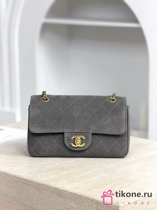 Chanel Mini Flap Bag Suede Calfskin & Gold Metal Gray - 20x13x6cm - 1