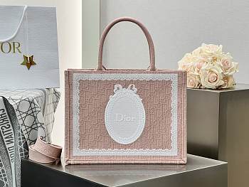 Dioramour Medium Dior Book Tote with Strap Soupir Pink Dior Oblique Embroidery with White Lace and Dior Medaillon - 36x27.5x16.5cm