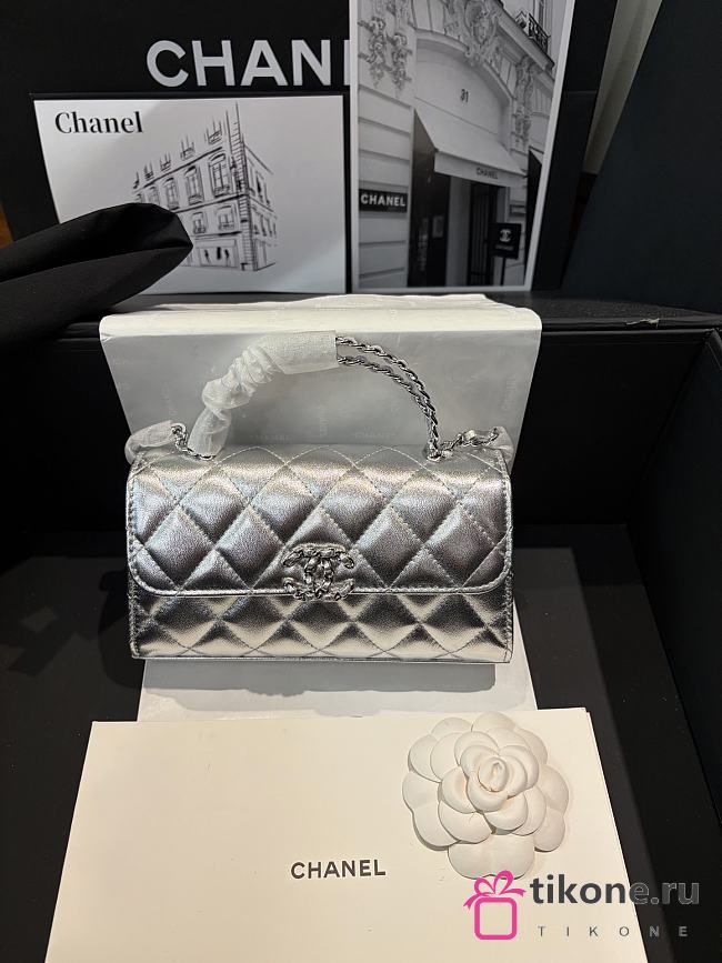 Chanel Flap Phone Hordel With Chain Calfskin Silver -Tone Metal Silver - 20x11x5.5cm - 1