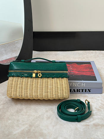 Loro Piana Extra Pocket L19 East-West Wicker Rattan, Lizard Leather Green - 11x19x7cm