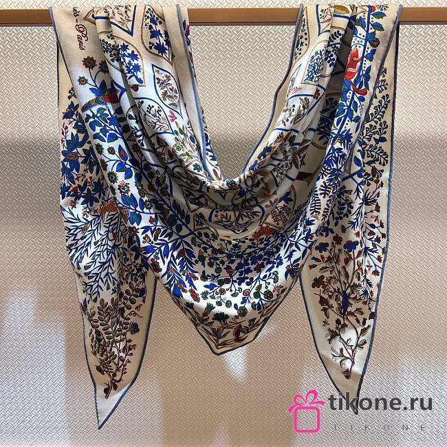 Hermes Plantes Officinales Triangle Cashmere and Silk Blanc/Bleu Jean/Vert - 208x99cm - 1