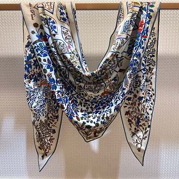 Hermes Plantes Officinales Triangle Cashmere and Silk Blanc/Bleu Jean/Vert - 208x99cm