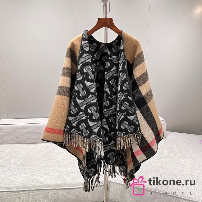 Bubberry Reversible Monogram Wool Cashmere Jacquard Cape - 155x130cm - 1