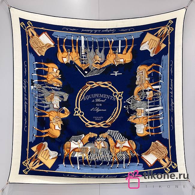 Hermes Equipements a Cheval Sur l'Elegance Scarf 70 Bleu Marine/Blanc/Alezan - 66x66cm  - 1